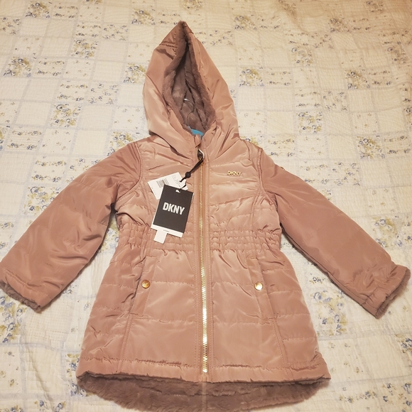 🧁NWT DKNY Girls Small Dusty Rose Blush Reversible Full Zip Hooded Winter Jacket - Picture 6 of 10